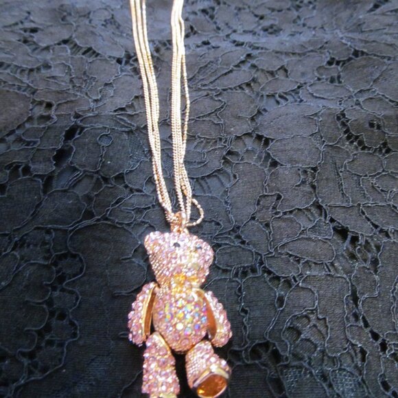 Off Park Collection Pink Crystal Rose Tone Teddy Bear Pendant w 18" Chain NEW - Picture 8 of 16